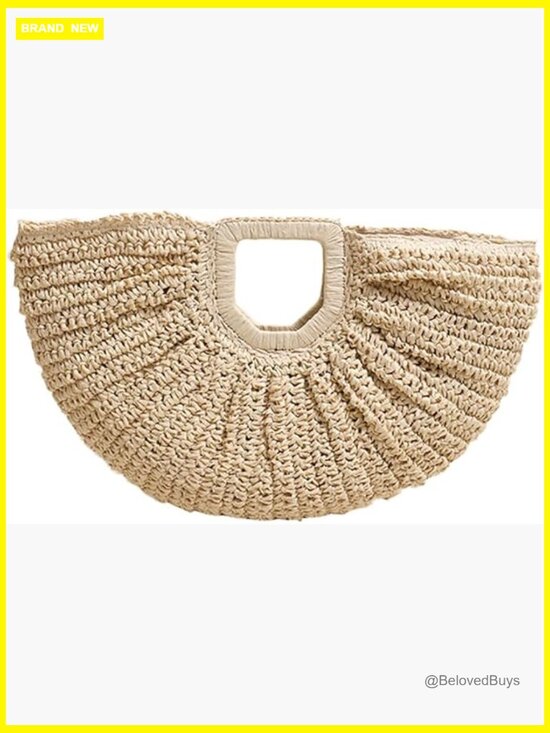 Handbags - Straw Woven Tote Bag with Geometric Handles Beach Holiday Ladies Handbag
